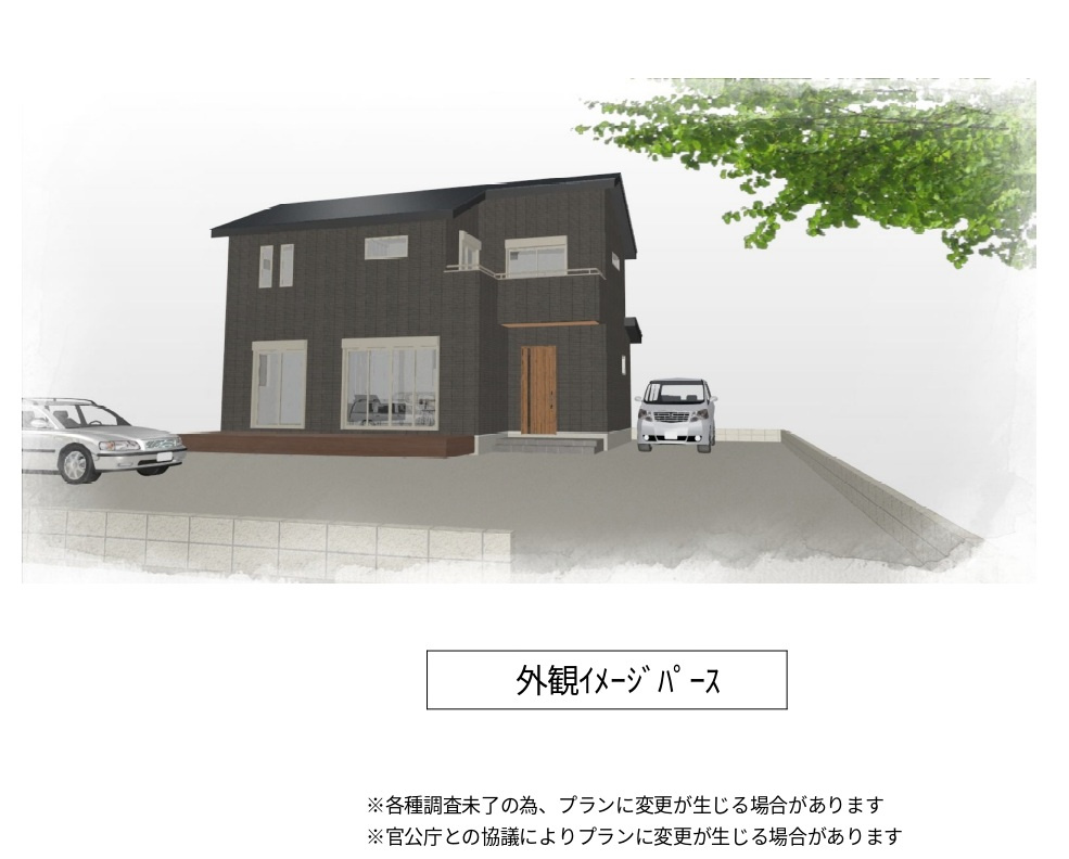 あきる野市引田　建築条件付売地　約92坪の外観パース|２階建てイメージ　長期優良住宅！太陽光パネル設置！お洒落なデザインの2階建も！