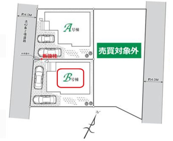 所沢市山口・全2棟　新築一戸建　B号棟の区画図|【全2棟・B号棟】カースペース2台分。