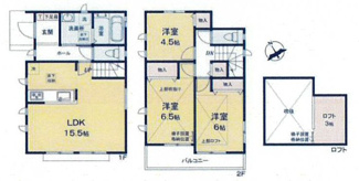 【間取り】 | 海老名市国分寺台4丁目 Ａ号棟 | 3LDK　都市ガス　二部屋から行き来できるバルコニー　1階掃き出し窓シャッター付　Ｗロックディンプルキー（スマートキー）　浴室乾燥機+窓　全居室収納　ロフト　LDK15.5帖