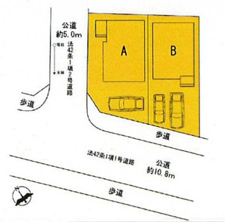 【区画図】 | 海老名市国分寺台4丁目 Ａ号棟 | ※B号棟成約済　Ａ号棟　角地　南西側約10.8ｍ・北西側約5ｍ各公道　駐車1台（車種によります）　敷地面積30.9坪