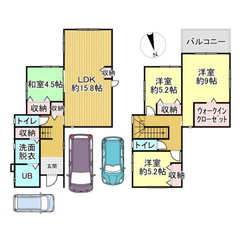 築浅　太陽光パネル　蓄電池　乾太くん　駐車場４台　ガスファンヒーター　電動シャッターの間取り