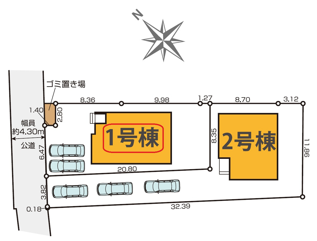 入間市大字下藤沢・全2棟　新築一戸建　1号棟　の区画図|【全2棟・1号棟】カースペース並列2台。