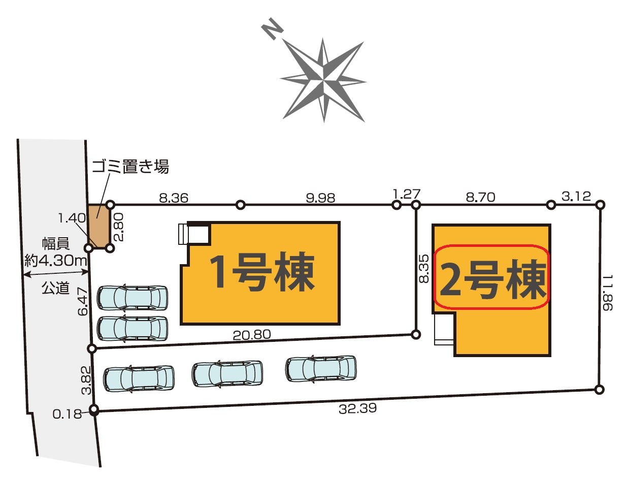 入間市大字下藤沢・全2棟　新築一戸建　2号棟　の区画図|【全2棟・2号棟】カースペース縦列3台。