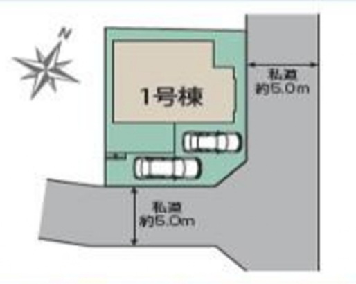 東村山市廻田町4丁目・全1棟　新築一戸建　～東南角地～の区画図|駐車2台可、日当たり・通風良好な東南角地です。