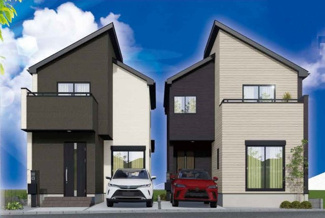 【外観パース】 | 【仲介手数料無料！！】府中市四谷6丁目　新築戸建て（全2棟）2号棟　4490万円 | 本パースは、イメージ図につき、風景、建物、植栽などについては施工後の現物との差異が生じます
つきまして本パースによって生じたいかなる損害については一切責任を負いません