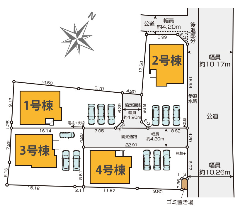 新築／富士見市上南畑1期　全4棟の区画図|駐車スペース3台あり！（※車種による）