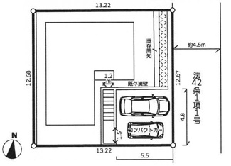 【区画図】 | 座間市緑ケ丘1丁目  1号棟 2期 | 東側約4.5ｍ公道　駐車並列2台（車種によります）　敷地面積50.7坪