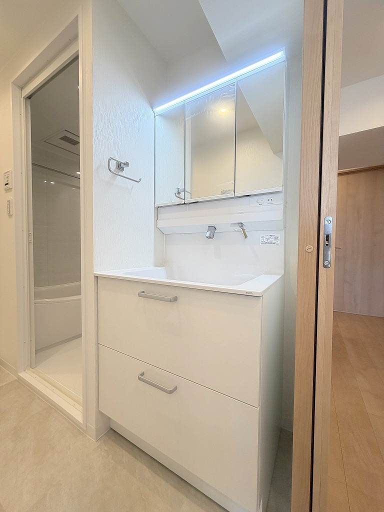 パークフィールドみさと5街区1号館の独立洗面台|三面鏡付きシャワードレッサーで朝の準備も快適