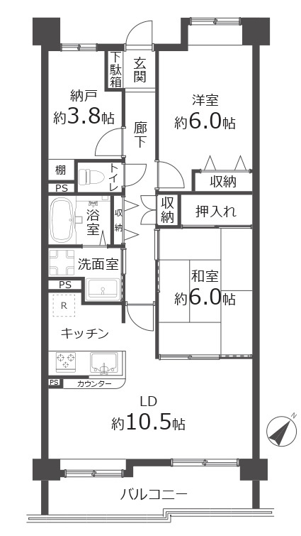 グランディ東所沢の間取り|全居室6帖以上、季節物などの収納に便利な納戸あり、リフォーム実施の綺麗な7階部分のお部屋です。
