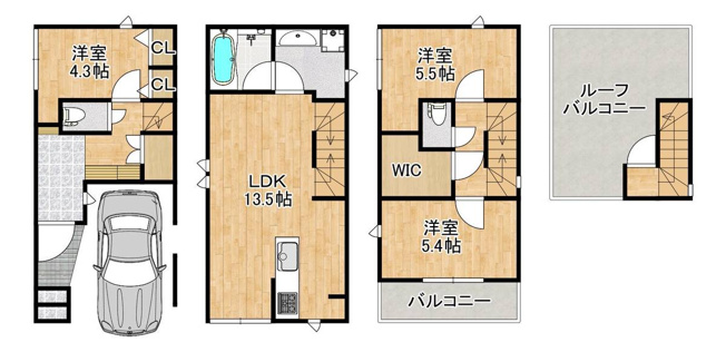 【間取り】 | 平野区平野本町4丁目 | 【2階に水廻り設備集約♪リビング床暖房・食洗機・IHコンロ・浴室乾燥機完備☆トイレは1F・3Fの2ヶ所に完備♪屋上ルーフバルコニー付きです☆】