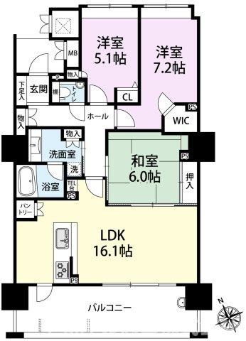 【間取り】 | ウェルリバービュー天神 | オーソドックスで使いやすい３ＬＤＫ ８０平米の間取りです。リビング横の引き戸を開放すれば、２ＬＤＫ２２帖の広々リビング感覚でお使いいただけます♪