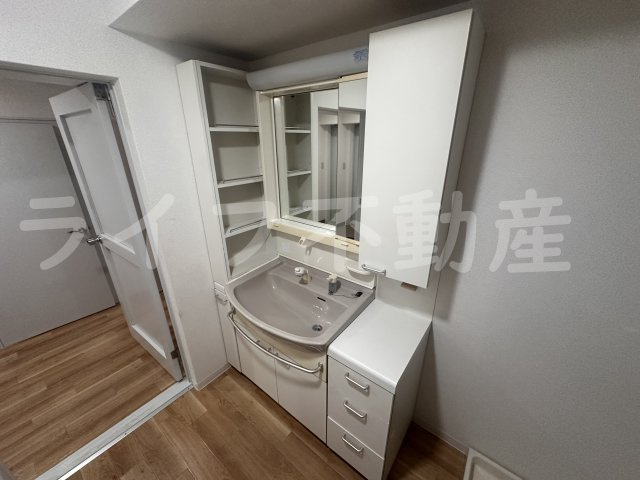 メゾン瓜生堂の独立洗面台|独立洗面台、小物を置くことができて便利です