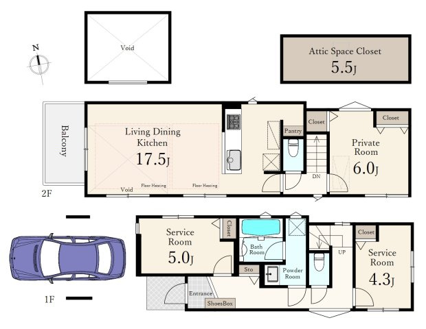 練馬区向山2丁目 全3棟 A号棟の間取り|B号棟　土地面積80.14㎡　建物面積94.20㎡　2階建　3LDK　グルニエ　WIC　ビルトインガレージ付