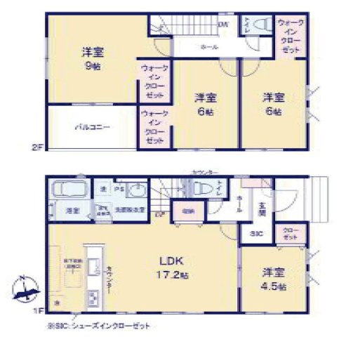 アーバンスタイル前橋市元総社町1期　１号棟の間取り|収納充実♪南西向きの4LDKで陽当たり良好な間取りです！
土地面積219.36㎡、建物面積106.10㎡で十分な広さです！