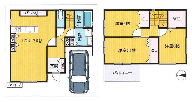 【間取り】 | 平野区瓜破東4丁目 | 築浅！令和3年築☆2階建て♪安心の充実設備☆制震ダンパー「ミライエ」、自家発電システム、ソラエネ「太陽光発電＋エネファーム」完備☆カーポート＋サイクルポート付き♪浴室乾燥機完備☆収納も充実です♪