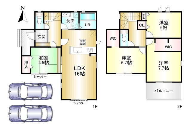 橿原市菖蒲町　第1期　全2棟の間取り|4LDK　土地面積：136.81ｍ2　建物面積：103.51ｍ2　駐車2台可
