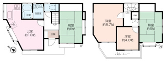 主寝室が8.7帖と広々とした空間になっており、ファミリー向けの４LDKの間取りです。
東南向きですのでお部屋全体に陽射しが差し込みます。