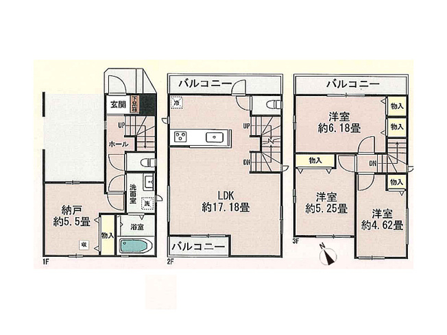 【間取り】 | 富士見市鶴馬　新築一戸建住宅　全1棟　(ふじみ野店) | バルコニー3か所につき風通しが良く開放感があります。
全居室収納付きでお部屋の整理整頓もバッチリです！