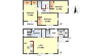 【間取り】 | 佐伯区五月が丘3丁目　全２区画　NO1 | 17帖リビング☆２階３室☆ファミリー3LDK☆各居室にクローゼット☆シューズインクローゼット☆南向きの間取りプラン☆