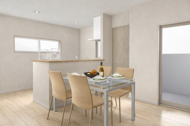 松川町3階建プラン　建築条件付土地の完成予想図|【LDK20.04帖/イメージパース】忙しい朝もしっかり家族が揃って食事をして頂けるゆとりある大きさのダイニングスペース。