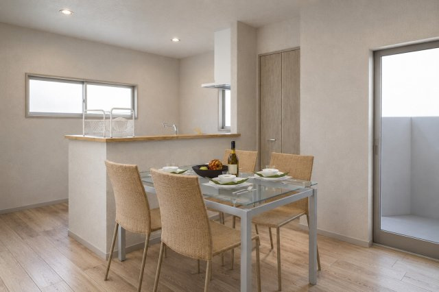 松川町3階建プラン　建築条件付土地の完成予想図|【LDK20.04帖/イメージパース】忙しい朝もしっかり家族が揃って食事をして頂けるゆとりある大きさのダイニングスペース。