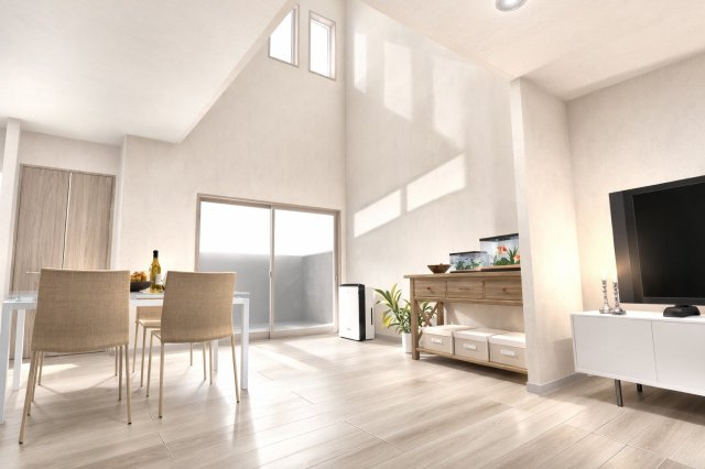 松川町3階建プラン　建築条件付土地の完成予想図|【LDK20.04帖/イメージパース】上から光を取り込み、室内を開放的に演出する吹抜あり。空間の広がりを感じながら、快適な毎日を叶えます