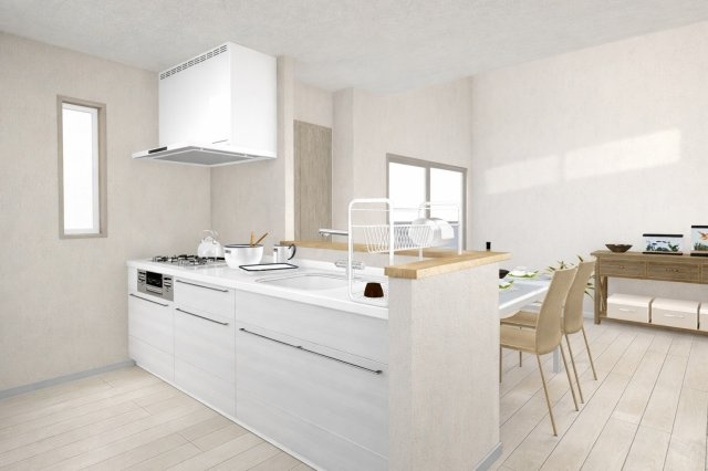 松川町3階建プラン　建築条件付土地の完成予想図|【LDK20.04帖/イメージパース】料理をしながらリビングの家族と会話が楽しめる空間。毎日の家事がもっと快適になります