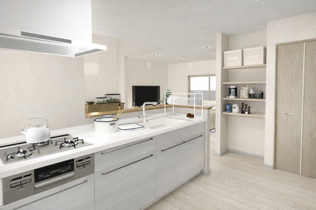 松川町3階建プラン　建築条件付土地の完成予想図|【LDK20.04帖/イメージパース】パントリーがあるから、買い置きや調理道具も収納ラクラク。キッチンをすっきり保てて、毎日の料理や家事が効率よく進む便利な間取りです。