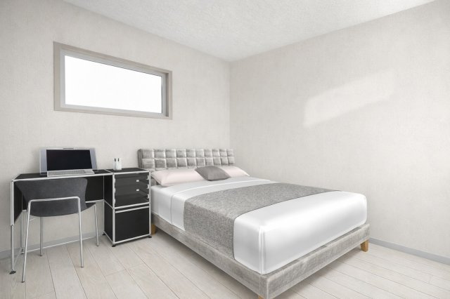 松川町3階建プラン　建築条件付土地の完成予想図|【納戸5.25帖/イメージパース】水回り付きの1階洋室で、洗面やトイレがすぐ使える快適さ。家事や身支度が効率よく進む、暮らしやすい空間です。