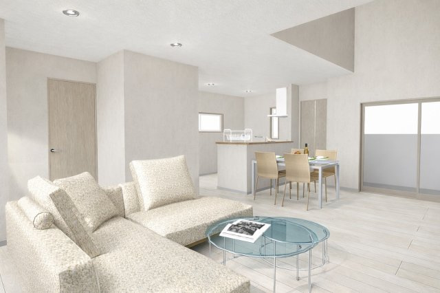 松川町3階建プラン　建築条件付土地の完成予想図|【LDK20.04帖/イメージパース】家族が一番長く過ごす場所だからこそ、明るさと心地よさを重視した2階リビング設計。外からの視線を気にせず、のびのび寛げる暮らしが叶います。