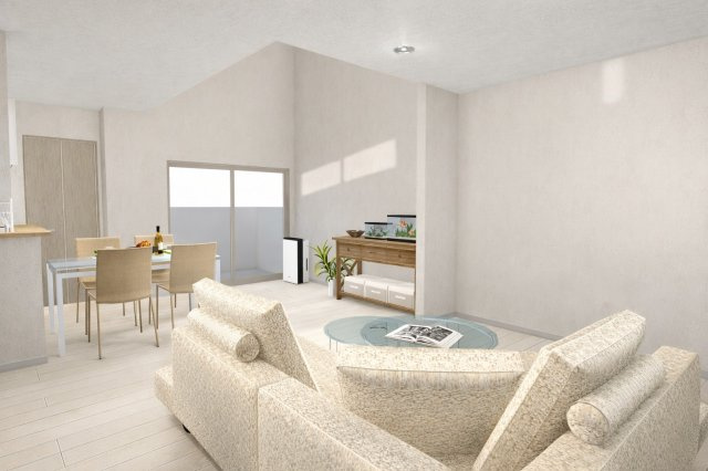 松川町3階建プラン　建築条件付土地の完成予想図|【LDK20.04帖/イメージパース】大きな家具を置いても圧迫感のない広めリビング。自然と家族が集まるゆとり設計で、のびのびと過ごせる理想の住まい。来客時もゆったりと寛げます。