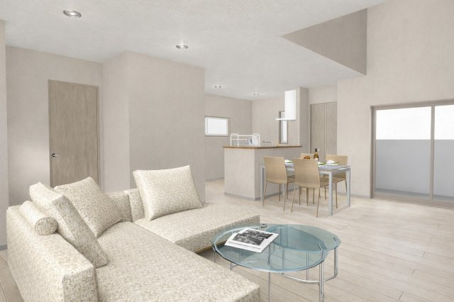 松川町3階建プラン　建築条件付土地の完成予想図|【LDK20.04帖/イメージパース】開放感のある2階リビングは日当たりもよく、道路からの目線も気になりにくい為プライバシーも守られやすい！