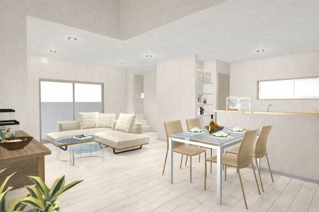 松川町3階建プラン　建築条件付土地の完成予想図|【LDK20.04帖/イメージパース】どんな家具でも合わせやすいリビングは、家族の暮らしを支える頼もしい空間