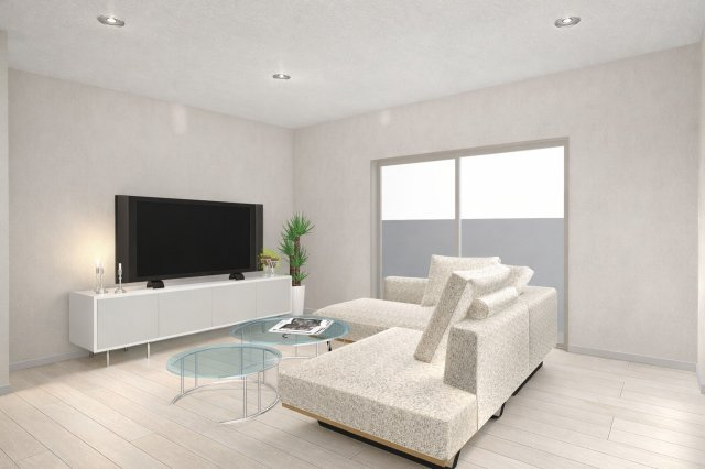 松川町3階建プラン　建築条件付土地の完成予想図|【LDK20.04帖/イメージパース】どんな家具でも合わせやすいリビングは、家族の暮らしを支える頼もしい空間。成長とともに変わるレイアウトにも対応でき、ずっと快適に使えます。