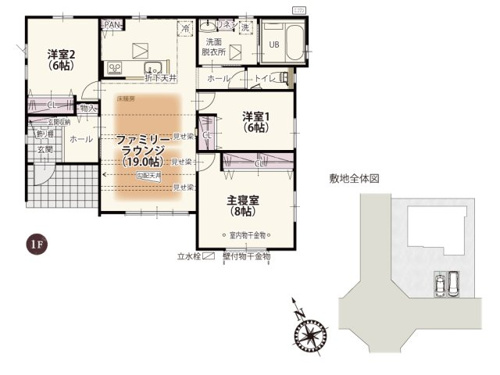 【間取り】 | メーターモジュールを採用した、ゆとりのある平屋の住まい。リビングの勾配天井で開放的な空間を、キッチンには折下天井を施すことでおしゃれな空間を演出しています。