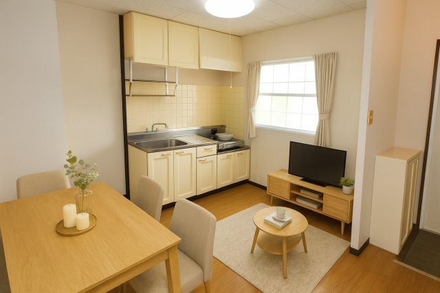 ハイツボニータの居間・リビング|バーチャルステージングの写真となります。家具家電等は付帯しません。参考にご覧くださいませ。