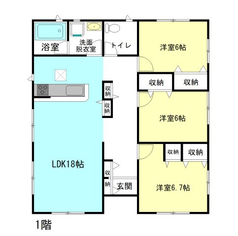 【間取り】 | クレイドルガーデン高崎市箕郷町上芝第8ー④ | 人気の「平屋」住宅登場です！全居室6帖以上＋洋室仕様！
水回りを最短距離で結んだラクラク家事同線！