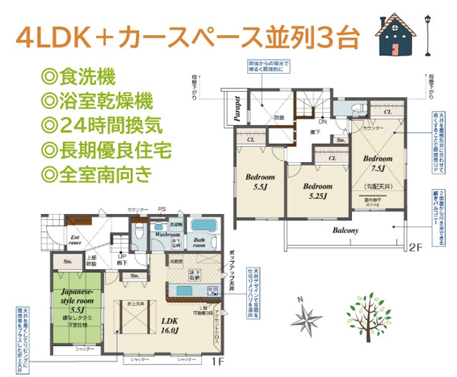 【間取り】 | 陽当たり重視のお客様にもおすすめな全居室南向きの４LDK◎　
LDKには、和室や洗面・浴室が隣接し、家事効率もUPする間取りとなっています！
