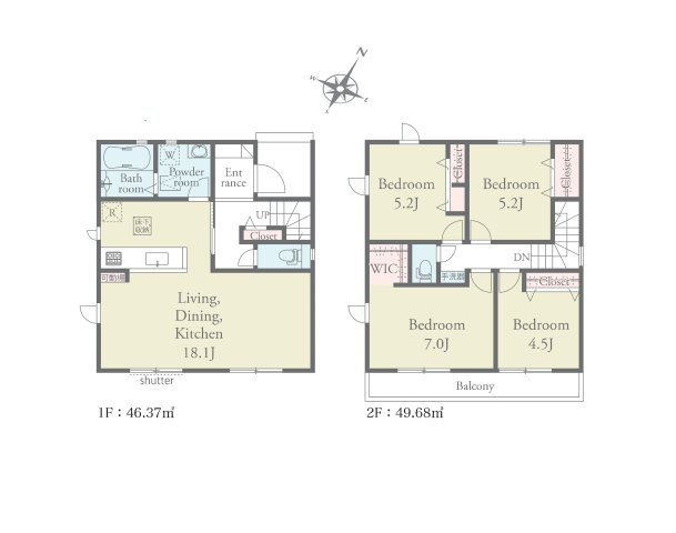 熊本市北区麻生田5丁目第1-2棟(1号棟)の間取り|全居室収納付きで便利です。