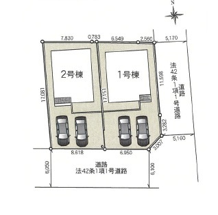 【Cradle Garden】下野市下古山 第6　全2邸の区画図|〇南道路に面した全２邸♪
スーパー、ドラックストアも徒歩圏内に多数点在し、生活便利な住環境♪休日のお買い物もラクラク♪