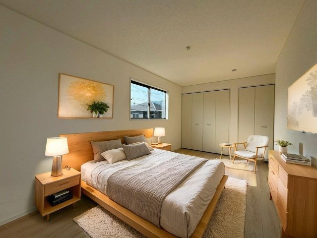 静岡市葵区羽鳥第１１　新築戸建　全２棟　１号棟の寝室|※掲載写真の家具はAIで配置したイメージです。
実際の販売価格に家具・家電は含まれません。