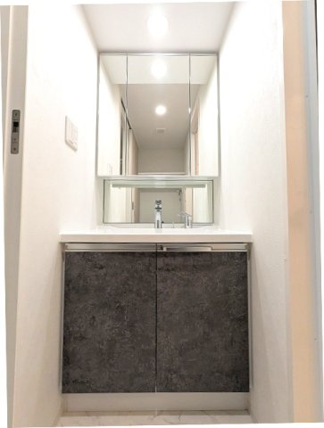 LUMIEC un KITAUENOの洗面所|トイレと独立した脱衣洗面室、三面鏡・ハンドシャワー付洗面台、洗濯機置場の排水口のお手入れしやすい様に手前中央に配置し、足高の防水パンです