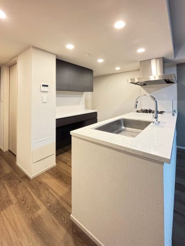 フルフラット・ストレスフリーのオープンカウンターキッチン、天板はフィオレストーン