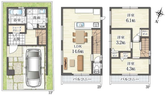 豊中市庄内幸町　新築一戸建ての間取り