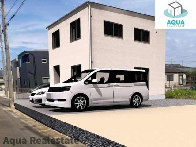 オール電化デザイナーズハウス坂出市谷町⑤の完成予想図|前面道路含む現地写真です