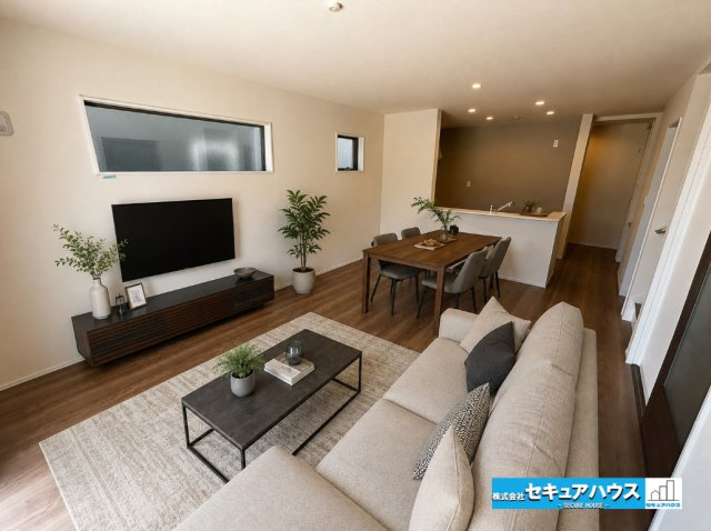 【本日ご案内可能】豊明市阿野町　全6棟の居間・リビング|【LDKに家具を置いたイメージ図】
◆広々としたリビングのためダイニングテーブルや大きなソファを配置することができます。
◆シンプルなデザインのリビングのため好きなテイストの空間をつくりやすいです。　
