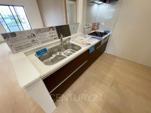 前橋小坂子町 1号棟のキッチン|シンクも大きく洗い物もしやすい浄水器付。シャワーヘッドは引き出し可能、シンクの隅々まで洗い流せます。