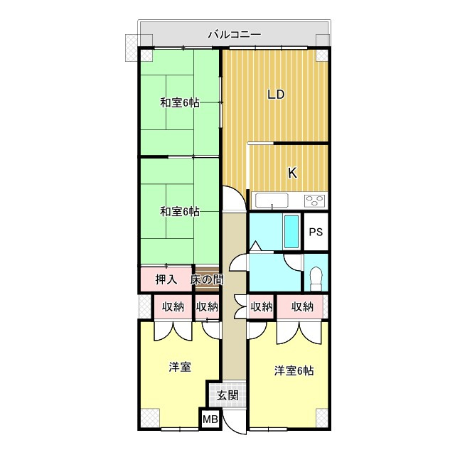 サンシャイン西条　211号室の間取り|部屋数が多いことで、子供部屋、寝室、客間、書斎と、ライフステージの変化に合わせて柔軟に使い分けられます。500万円という価格でこの部屋数は、将来の選択肢を広げてくれる大きなメリットになります。