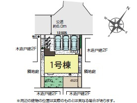 蓮田市椿山2丁目6期全1棟の区画図|敷地60.45坪のゆとりある区画。並列3台駐車（来客用もOK）に加え、庭スペースも取りやすいサイズ感です。北側6m道路で出入りがラク。前面の建物距離も確保しやすく、日当たり・風通しにも期待◎