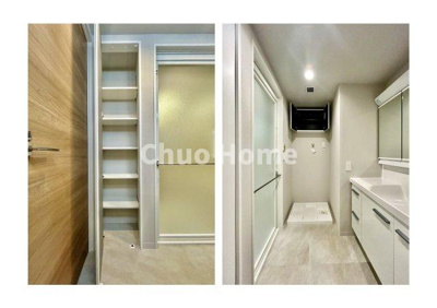 【脱衣所】 | コスモプレイスグラシエ | 【洗面所】明るい洗面所は朝をすっきりさせてくれる空間です。バタバタしている忙しい朝でも収納が多い洗面台では短い時間で効率良く支度ができます。